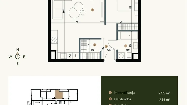 Rzut - Mieszkanie na sprzedaż 1 pokój o powierzchni 57 m² - numer M1.04 w Verde Casa