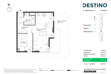 Rzut - Mieszkanie na sprzedaż 2 pokoje o powierzchni 52,13 m² - numer C-2 w Destino