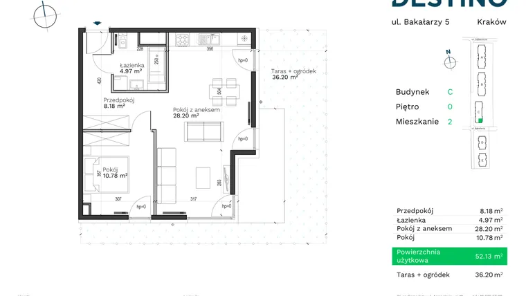 Rzut - Mieszkanie na sprzedaż 2 pokoje o powierzchni 52,13 m² - numer C-2 w Destino
