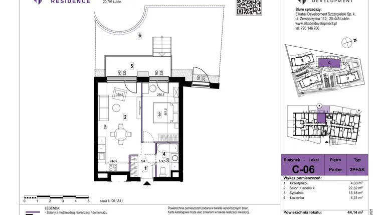 Rzut - Mieszkanie na sprzedaż 2 pokoje o powierzchni 44,14 m² - numer C-06 w Szerokie Residence