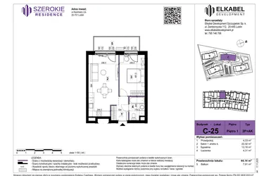 Rzut - Mieszkanie na sprzedaż 2 pokoje o powierzchni 44,14 m² - numer C-25 w Szerokie Residence