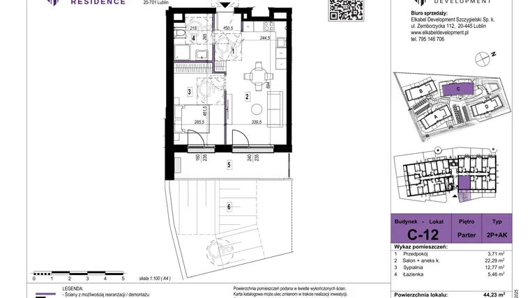 Rzut - Mieszkanie na sprzedaż 2 pokoje o powierzchni 44,23 m² - numer C-12 w Szerokie Residence