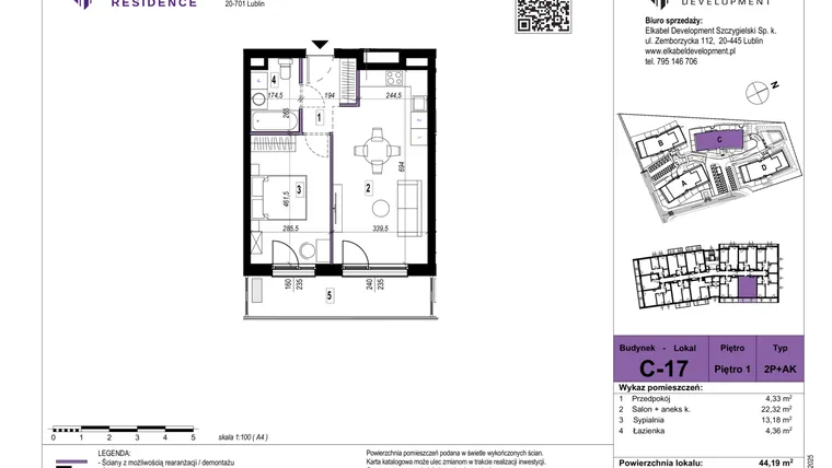 Rzut - Mieszkanie na sprzedaż 2 pokoje o powierzchni 44,19 m² - numer C-17 w Szerokie Residence