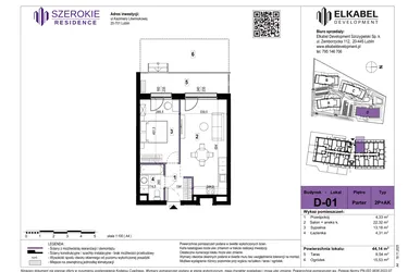 Rzut - Mieszkanie na sprzedaż 2 pokoje o powierzchni 44,14 m² - numer D-01 w Szerokie Residence