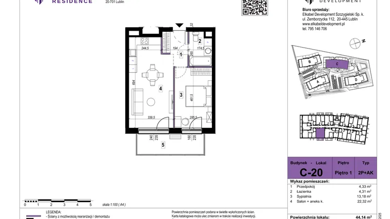 Rzut - Mieszkanie na sprzedaż 2 pokoje o powierzchni 44,14 m² - numer C-20 w Szerokie Residence