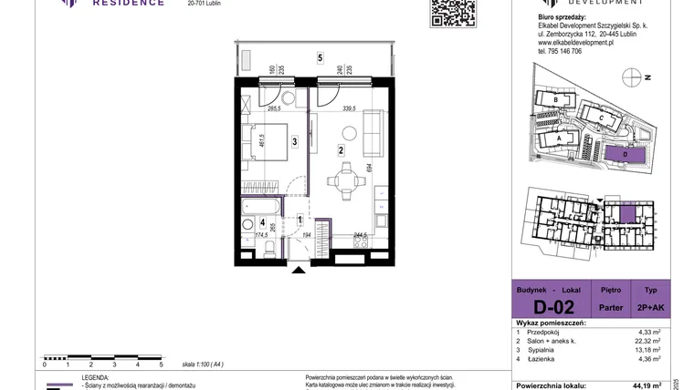 Rzut - Mieszkanie na sprzedaż 2 pokoje o powierzchni 44,19 m² - numer D-02 w Szerokie Residence