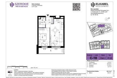 Rzut - Mieszkanie na sprzedaż 2 pokoje o powierzchni 44,14 m² - numer C-18 w Szerokie Residence