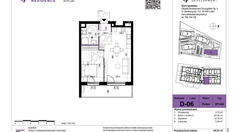 Rzut - Mieszkanie na sprzedaż 2 pokoje o powierzchni 44,21 m² - numer D-06 w Szerokie Residence