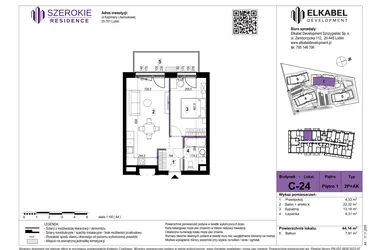 Rzut - Mieszkanie na sprzedaż 2 pokoje o powierzchni 44,14 m² - numer C-24 w Szerokie Residence