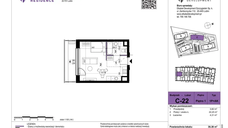 Rzut - Mieszkanie na sprzedaż 1 pokój o powierzchni 30,38 m² - numer C-22 w Szerokie Residence