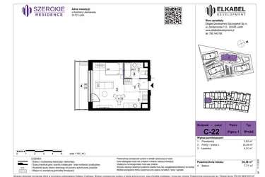 Rzut - Mieszkanie na sprzedaż 1 pokój o powierzchni 30,38 m² - numer C-22 w Szerokie Residence