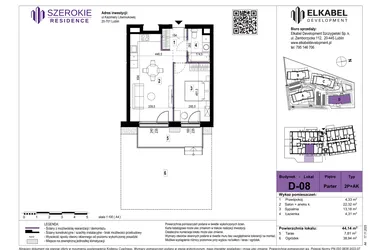 Rzut - Mieszkanie na sprzedaż 2 pokoje o powierzchni 44,14 m² - numer D-08 w Szerokie Residence