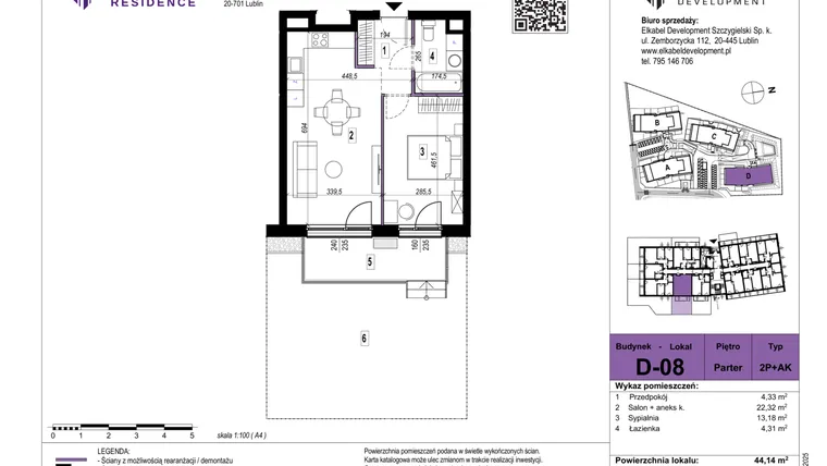 Rzut - Mieszkanie na sprzedaż 2 pokoje o powierzchni 44,14 m² - numer D-08 w Szerokie Residence
