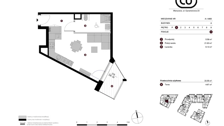 Rzut - Mieszkanie na sprzedaż 1 pokój o powierzchni 33,55 m² - numer A.1.M05 w Cynamonowa Ursynów