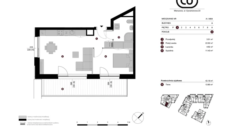 Rzut - Mieszkanie na sprzedaż 2 pokoje o powierzchni 42,18 m² - numer A.1.M04 w Cynamonowa Ursynów