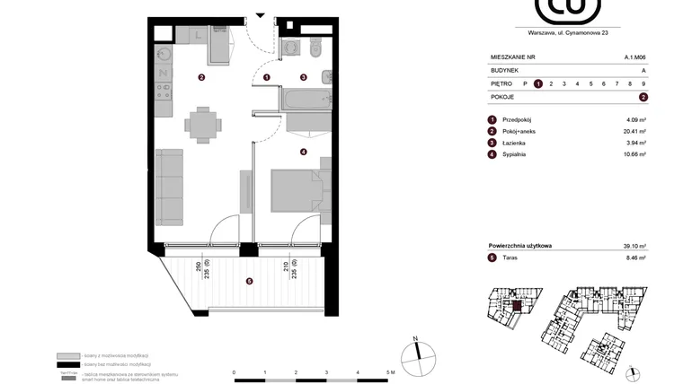 Rzut - Mieszkanie na sprzedaż 2 pokoje o powierzchni 39,1 m² - numer A.1.M06 w Cynamonowa Ursynów