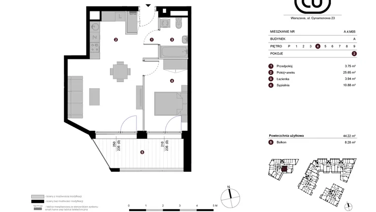 Rzut - Mieszkanie na sprzedaż 2 pokoje o powierzchni 44,22 m² - numer A.4.M05 w Cynamonowa Ursynów