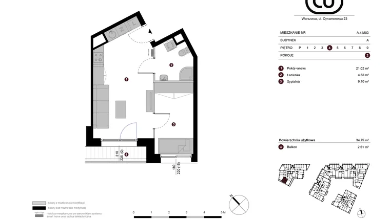 Rzut - Mieszkanie na sprzedaż 2 pokoje o powierzchni 34,75 m² - numer A.4.M03 w Cynamonowa Ursynów