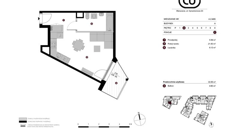 Rzut - Mieszkanie na sprzedaż 1 pokój o powierzchni 33,55 m² - numer A.2.M05 w Cynamonowa Ursynów