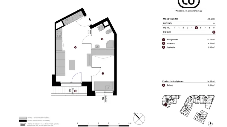 Rzut - Mieszkanie na sprzedaż 2 pokoje o powierzchni 34,75 m² - numer A.5.M03 w Cynamonowa Ursynów