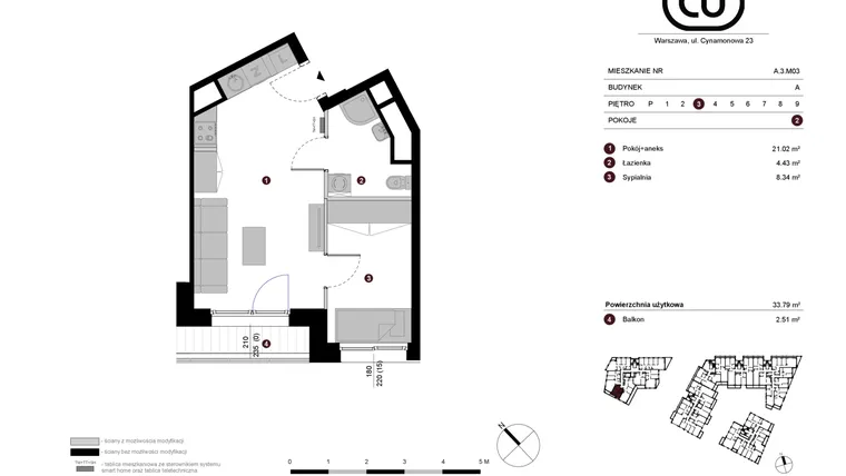 Rzut - Mieszkanie na sprzedaż 2 pokoje o powierzchni 33,79 m² - numer A.3.M03 w Cynamonowa Ursynów