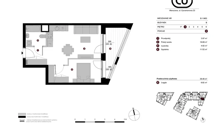 Rzut - Mieszkanie na sprzedaż 2 pokoje o powierzchni 39,4 m² - numer B.1.M03 w Cynamonowa Ursynów