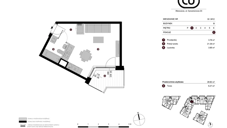 Rzut - Mieszkanie na sprzedaż 1 pokój o powierzchni 28,92 m² - numer B.1.M12 w Cynamonowa Ursynów