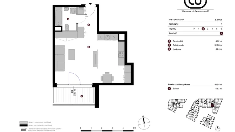 Rzut - Mieszkanie na sprzedaż 1 pokój o powierzchni 40,54 m² - numer B.2.M06 w Cynamonowa Ursynów