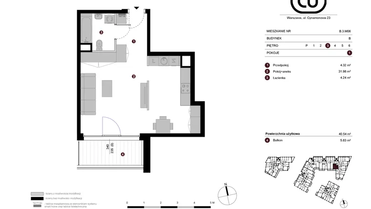 Rzut - Mieszkanie na sprzedaż 1 pokój o powierzchni 40,54 m² - numer B.3.M06 w Cynamonowa Ursynów