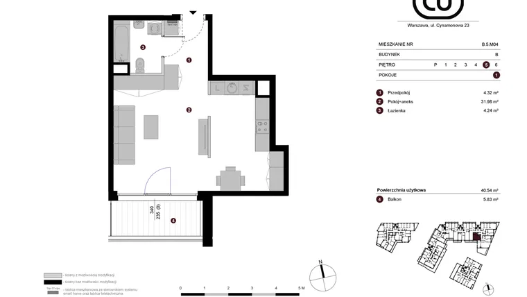 Rzut - Mieszkanie na sprzedaż 1 pokój o powierzchni 40,54 m² - numer B.5.M04 w Cynamonowa Ursynów