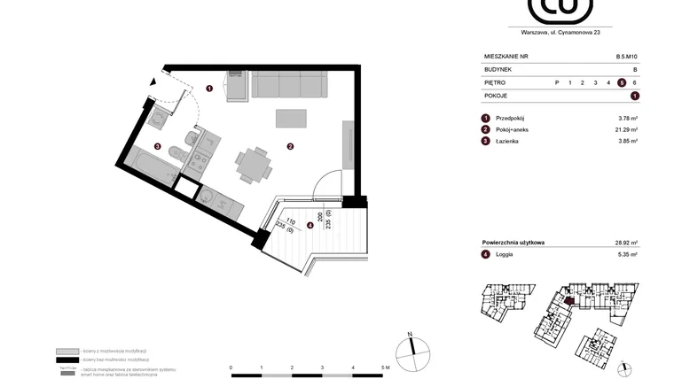 Rzut - Mieszkanie na sprzedaż 1 pokój o powierzchni 28,97 m² - numer B.5.M10 w Cynamonowa Ursynów