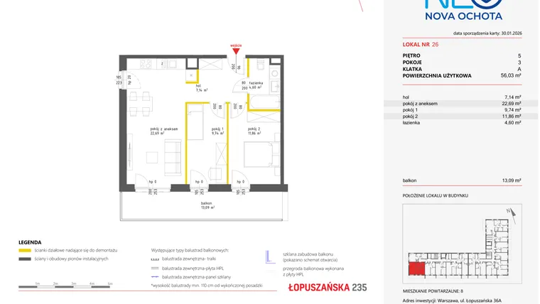 Rzut - Mieszkanie na sprzedaż 3 pokoje o powierzchni 55,95 m² - numer 26 w Neo Nova Ochota