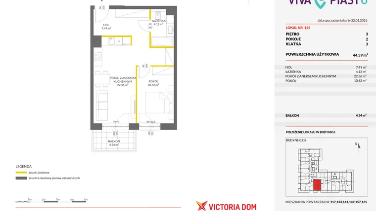 Rzut - Mieszkanie na sprzedaż 2 pokoje o powierzchni 44,67 m² - numer 125 w Viva Piast 6