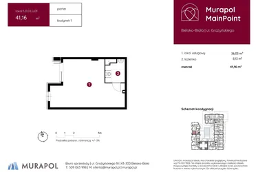 Rzut - Lokal użytkowy na sprzedaż 1 pokój o powierzchni 40,88 m² - numer 1.D.0.LU.01 w Murapol MainPoint