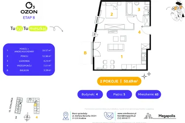 Rzut - Mieszkanie na sprzedaż 2 pokoje o powierzchni 50,69 m² - numer 4.65 w Osiedle Ozon etap VIII