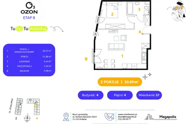 Rzut - Mieszkanie na sprzedaż 2 pokoje o powierzchni 50,69 m² - numer 4.57 w Osiedle Ozon etap VIII