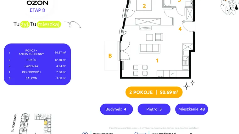 Rzut - Mieszkanie na sprzedaż 2 pokoje o powierzchni 50,69 m² - numer 4.48 w Osiedle Ozon etap VIII