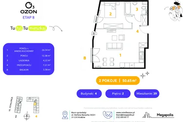 Rzut - Mieszkanie na sprzedaż 2 pokoje o powierzchni 50,65 m² - numer 4.39 w Osiedle Ozon etap VIII