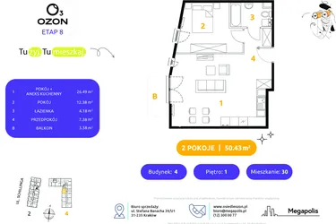 Rzut - Mieszkanie na sprzedaż 2 pokoje o powierzchni 50,43 m² - numer 4.30 w Osiedle Ozon etap VIII