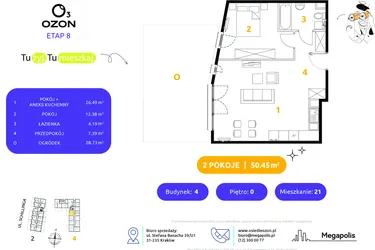 Rzut - Mieszkanie na sprzedaż 2 pokoje o powierzchni 50,45 m² - numer 4.21 w Osiedle Ozon etap VIII