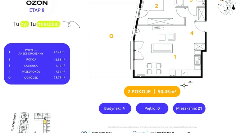 Rzut - Mieszkanie na sprzedaż 2 pokoje o powierzchni 50,45 m² - numer 4.21 w Osiedle Ozon etap VIII