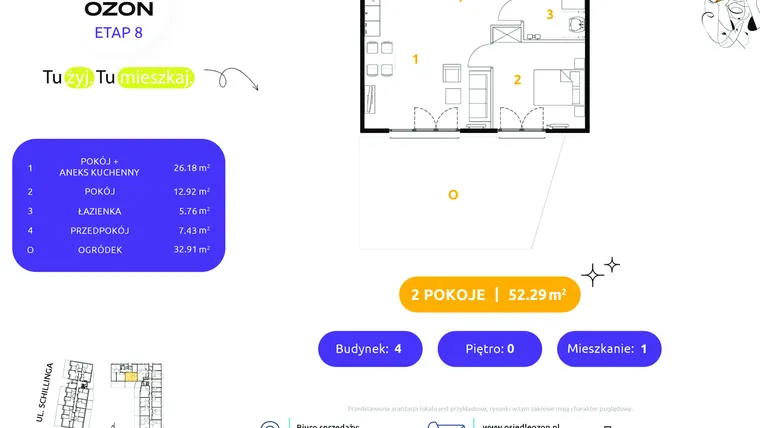 Rzut - Mieszkanie na sprzedaż 2 pokoje o powierzchni 52,29 m² - numer 4.1 w Osiedle Ozon etap VIII