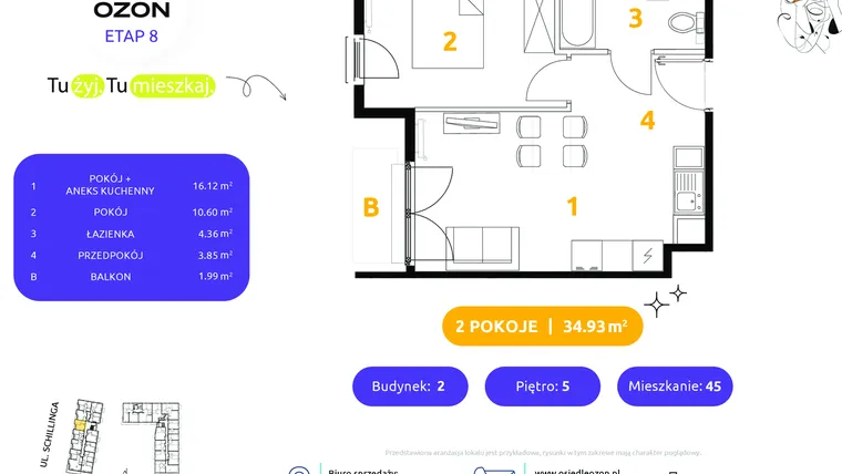 Rzut - Mieszkanie na sprzedaż 2 pokoje o powierzchni 34,93 m² - numer 2.45 w Osiedle Ozon etap VIII