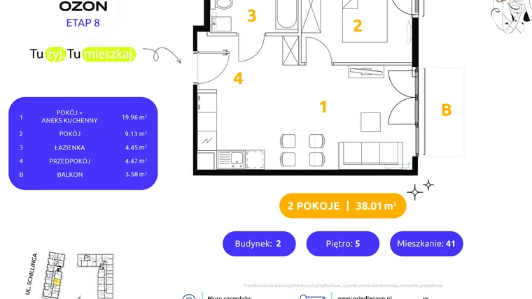 Rzut - Mieszkanie na sprzedaż 2 pokoje o powierzchni 38,01 m² - numer 2.41 w Osiedle Ozon etap VIII