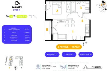 Rzut - Mieszkanie na sprzedaż 2 pokoje o powierzchni 34,93 m² - numer 2.37 w Osiedle Ozon etap VIII