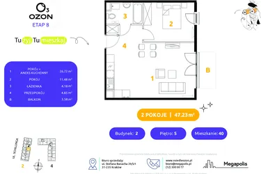 Rzut - Mieszkanie na sprzedaż 2 pokoje o powierzchni 47,23 m² - numer 2.40 w Osiedle Ozon etap VIII