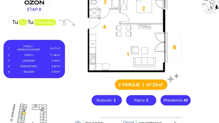 Rzut - Mieszkanie na sprzedaż 2 pokoje o powierzchni 47,23 m² - numer 2.40 w Osiedle Ozon etap VIII