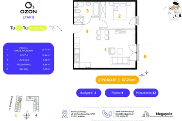 Rzut - Mieszkanie na sprzedaż 2 pokoje o powierzchni 47,23 m² - numer 2.32 w Osiedle Ozon etap VIII