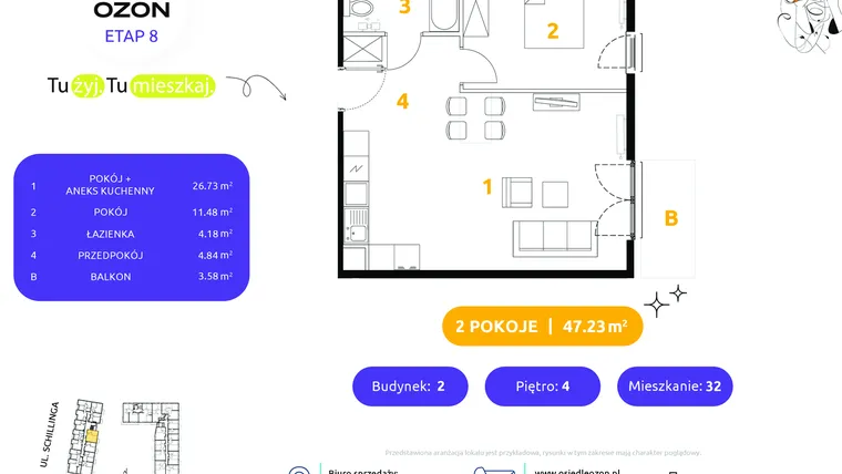 Rzut - Mieszkanie na sprzedaż 2 pokoje o powierzchni 47,23 m² - numer 2.32 w Osiedle Ozon etap VIII