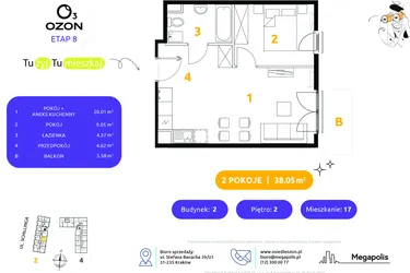 Rzut - Mieszkanie na sprzedaż 2 pokoje o powierzchni 38,05 m² - numer 2.17 w Osiedle Ozon etap VIII